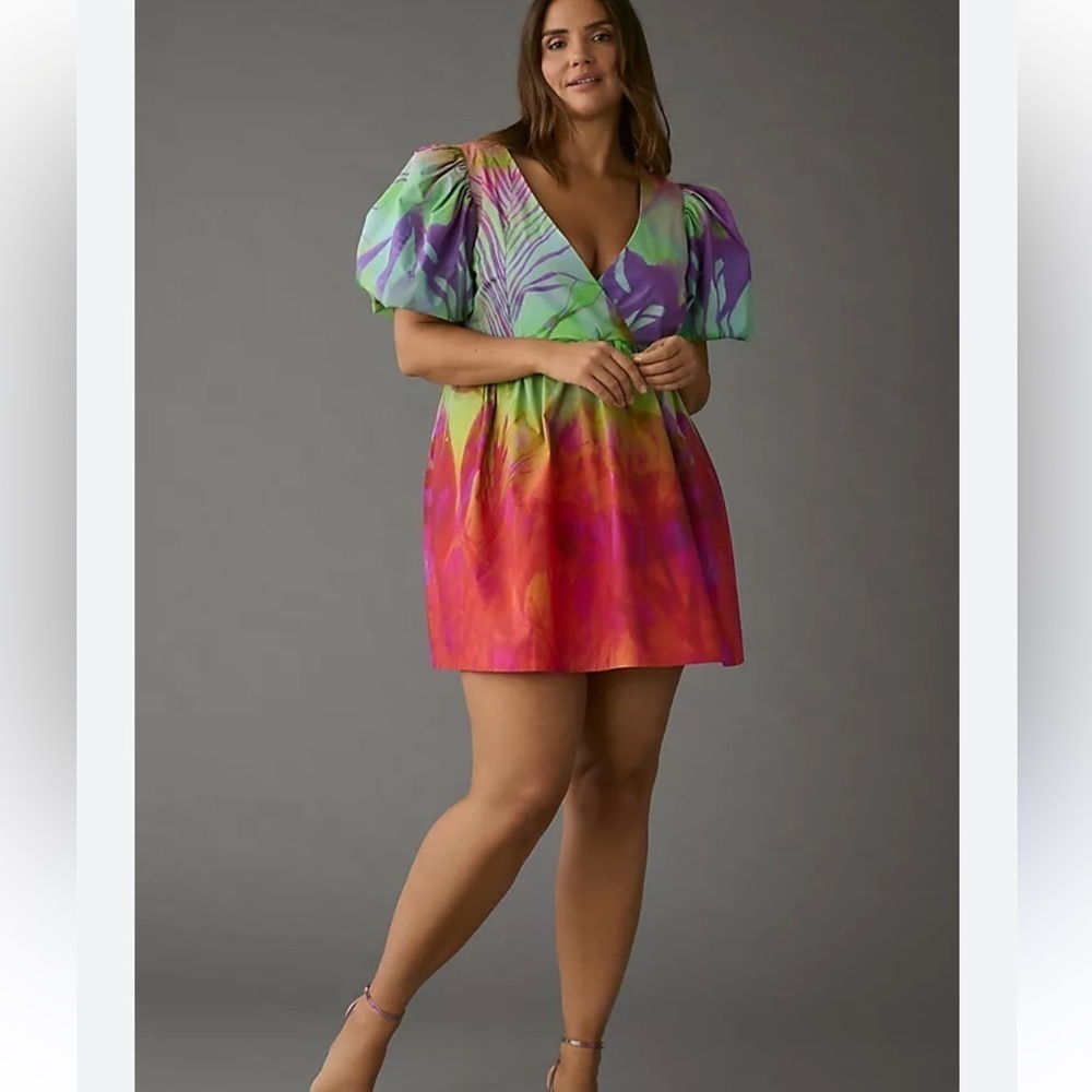 Anthropologie Plenty by Tracy Reese Puff-Sleeve Surplice Mini Dress Multi Sz M